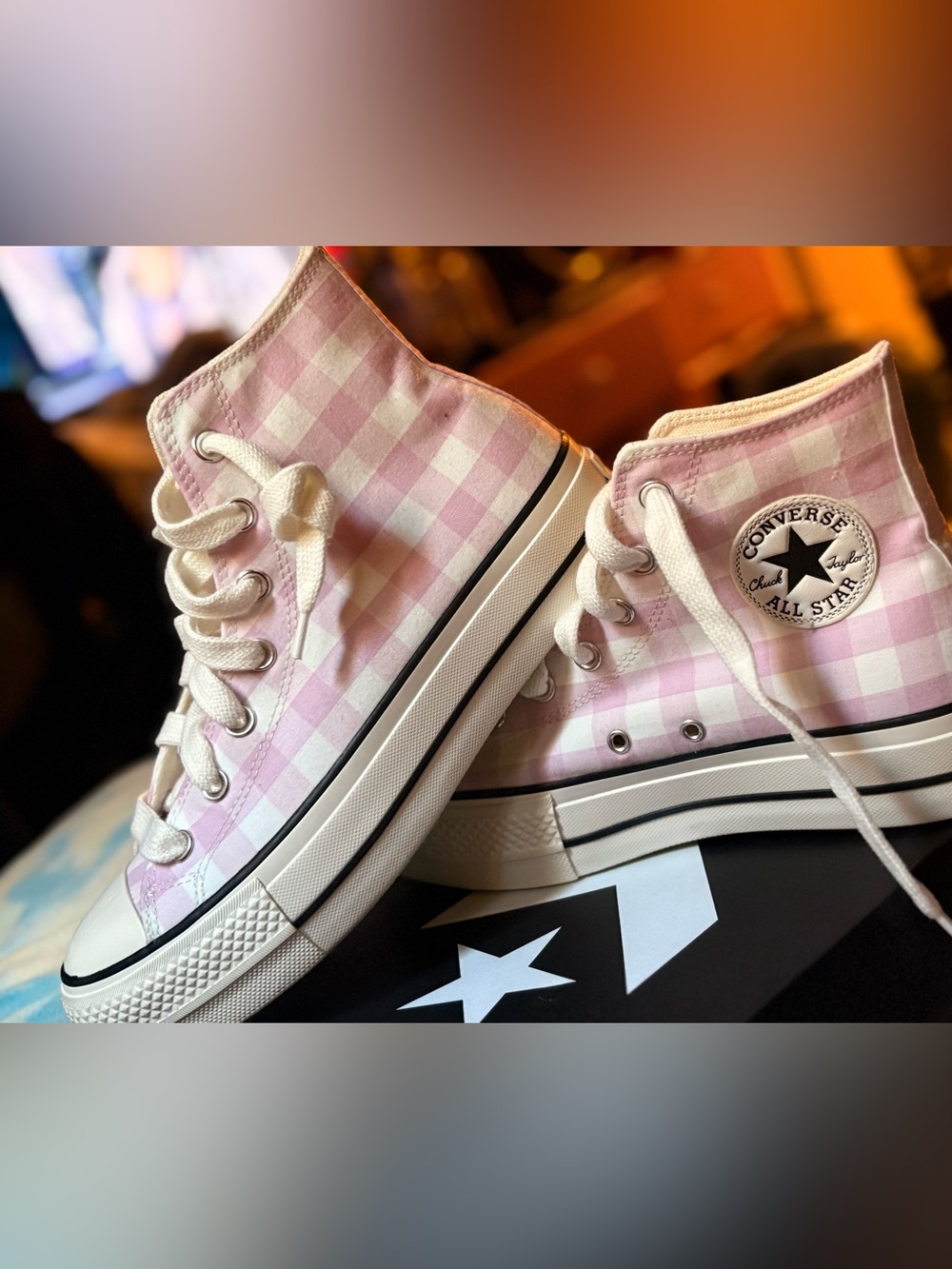 Converse Women's Pink and White Gingham Lace-Up Sneakers - Picture 4 of 8